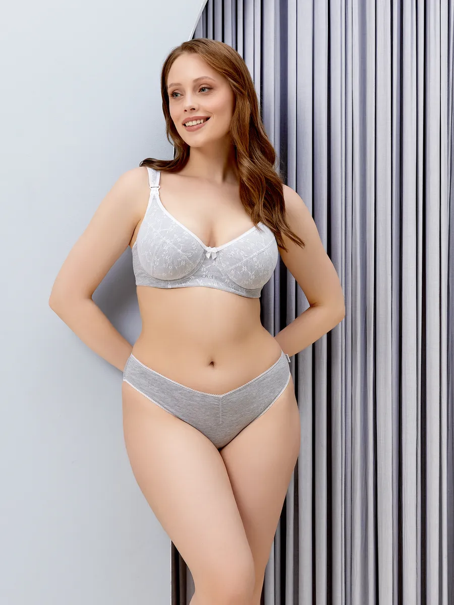 Бюстгальтер для кормления с косточками на большую грудь 1К (МБ)/серый меланж/белый